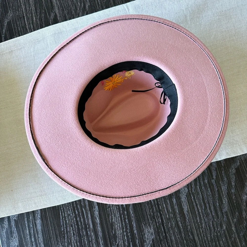 New Felt Hand-Embroidered Pink Floral Fedora, Adjustable! - Picture 5 of 6